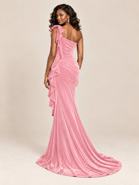 Black Velvet One-Shoulder Mermaid Evening Gown with Bow & Ruffles