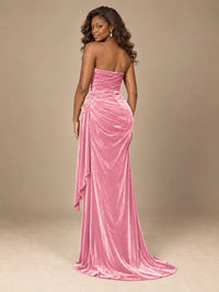 Burgundy Velvet Strapless Ruched Prom Dress with Jeweled Side Drape