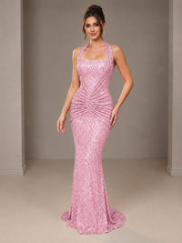 Pink Halter Sequin Mermiad Ruched Prom Dress Long Ruched Eveing Gown