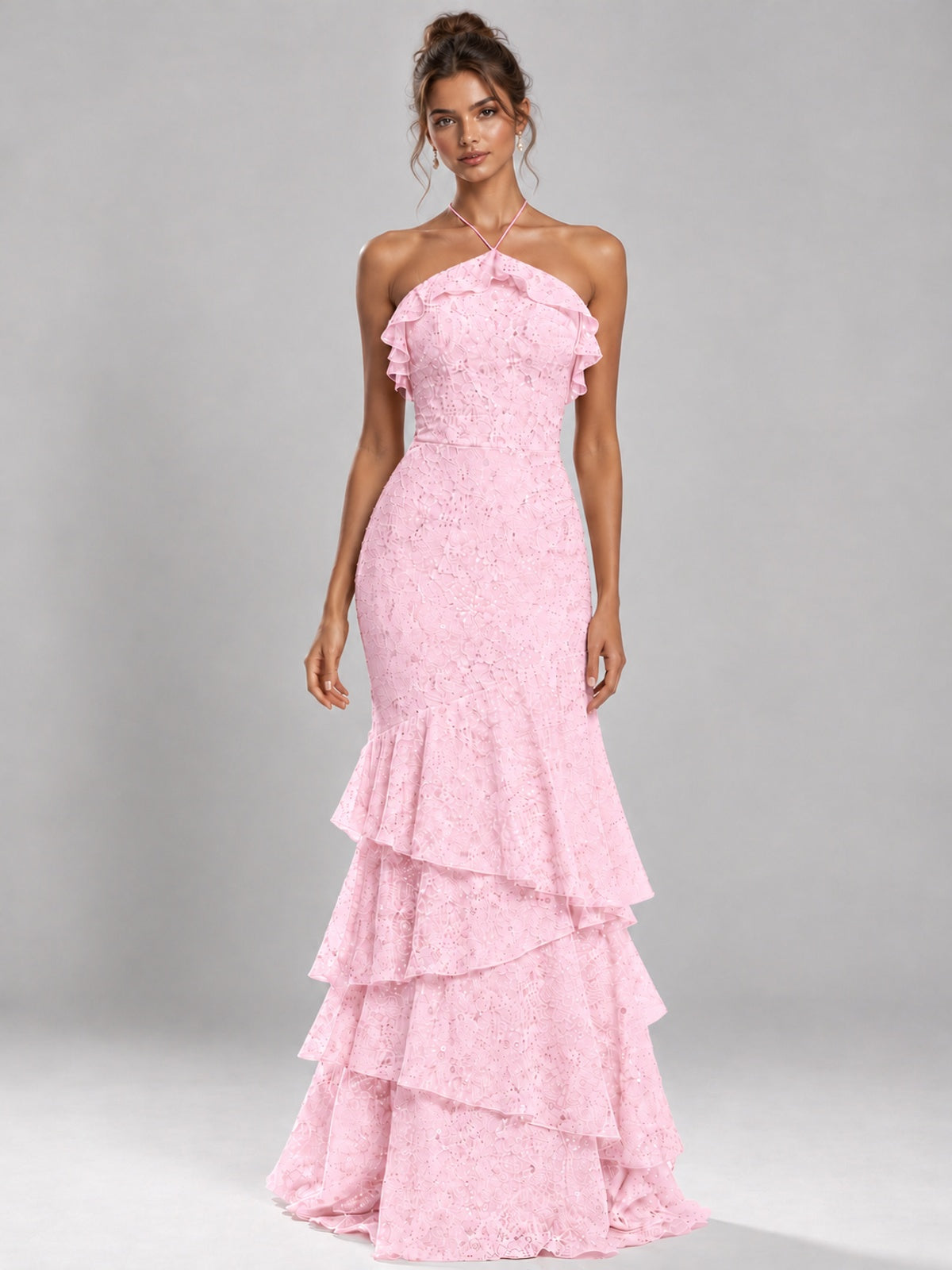 Halter Tiered Mermaid Prom Dress with Sparkly Lace