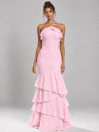 Halter Tiered Mermaid Prom Dress with Sparkly Lace