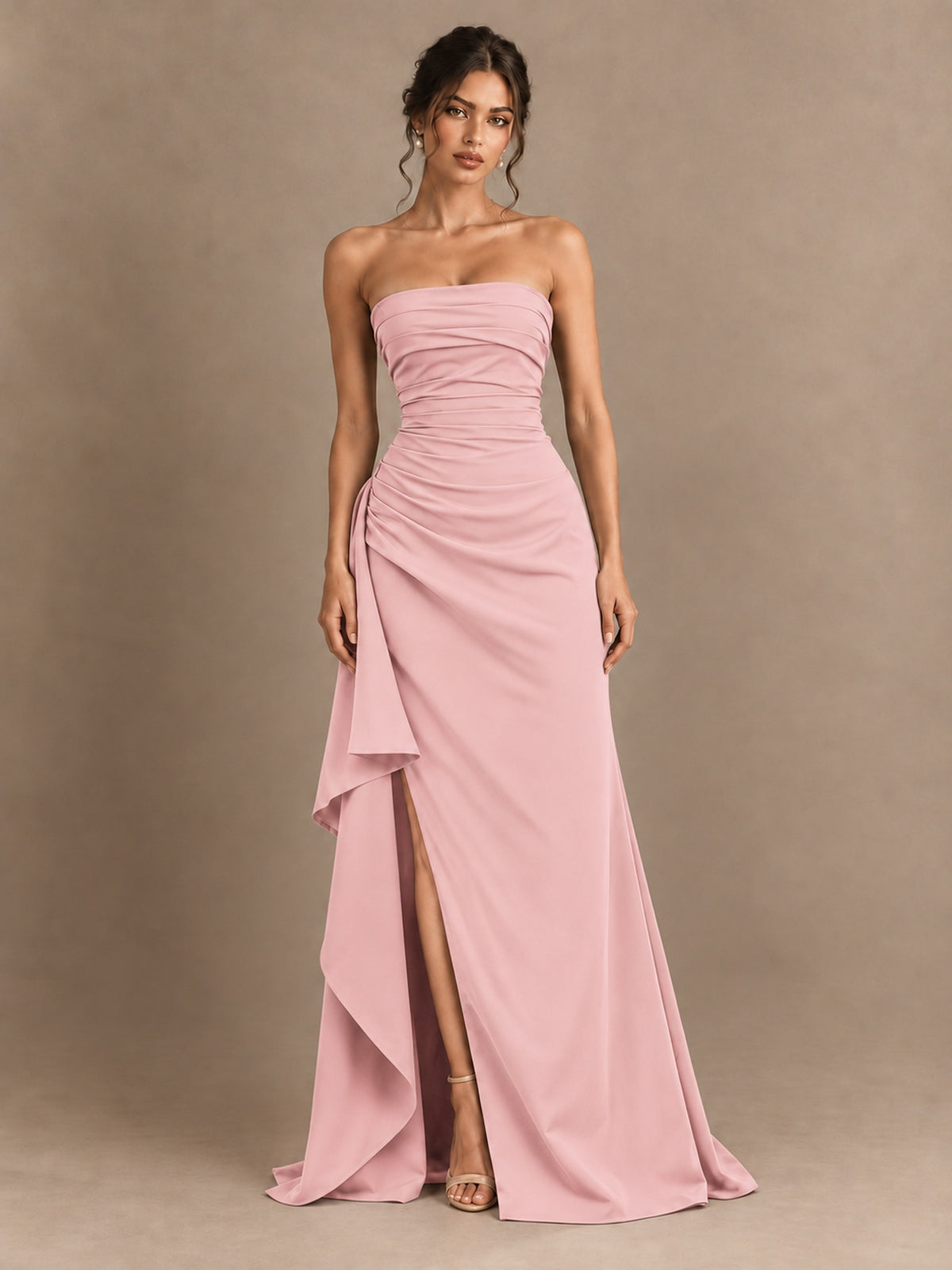 Black and White Strapless Ruched Prom Dress with High Slit & Side Drape