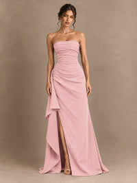 Black and White Strapless Ruched Prom Dress with High Slit & Side Drape