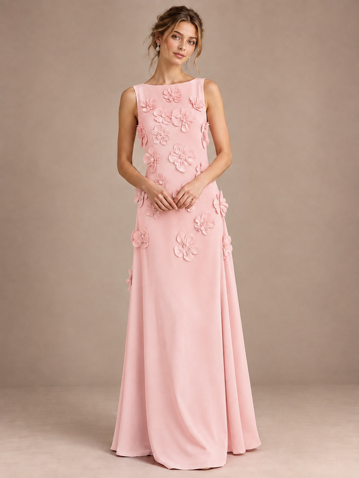 3D Floral Applique Sleeveless Formal Maxi Dress