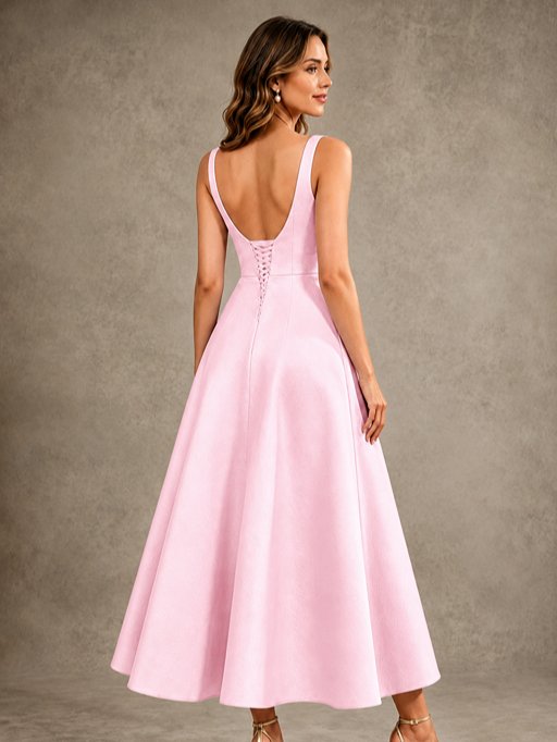 Tea-Length Satin Mother of the Bride Dress with 3D Flower Detail