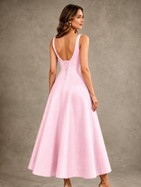 Tea-Length Satin Mother of the Bride Dress with 3D Flower Detail
