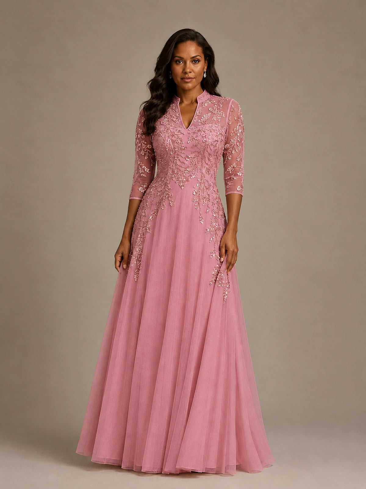 Embellished Appliques Mother of the Bride Dress with 3/4 Sleeves