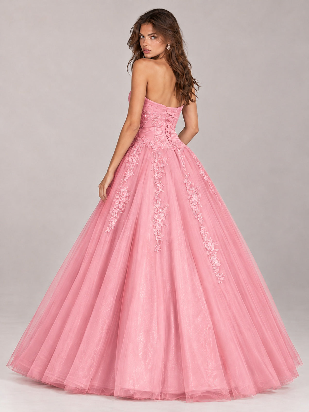 Strapless Sweetheart Tulle Ball Gown Prom Dress with Lace Appliques