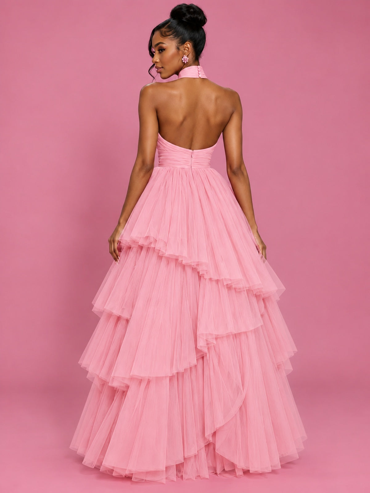 Hot Pink Tulle Halter Neck Tiered Ruffle Maxi Dress