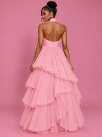 Hot Pink Tulle Halter Neck Tiered Ruffle Maxi Dress