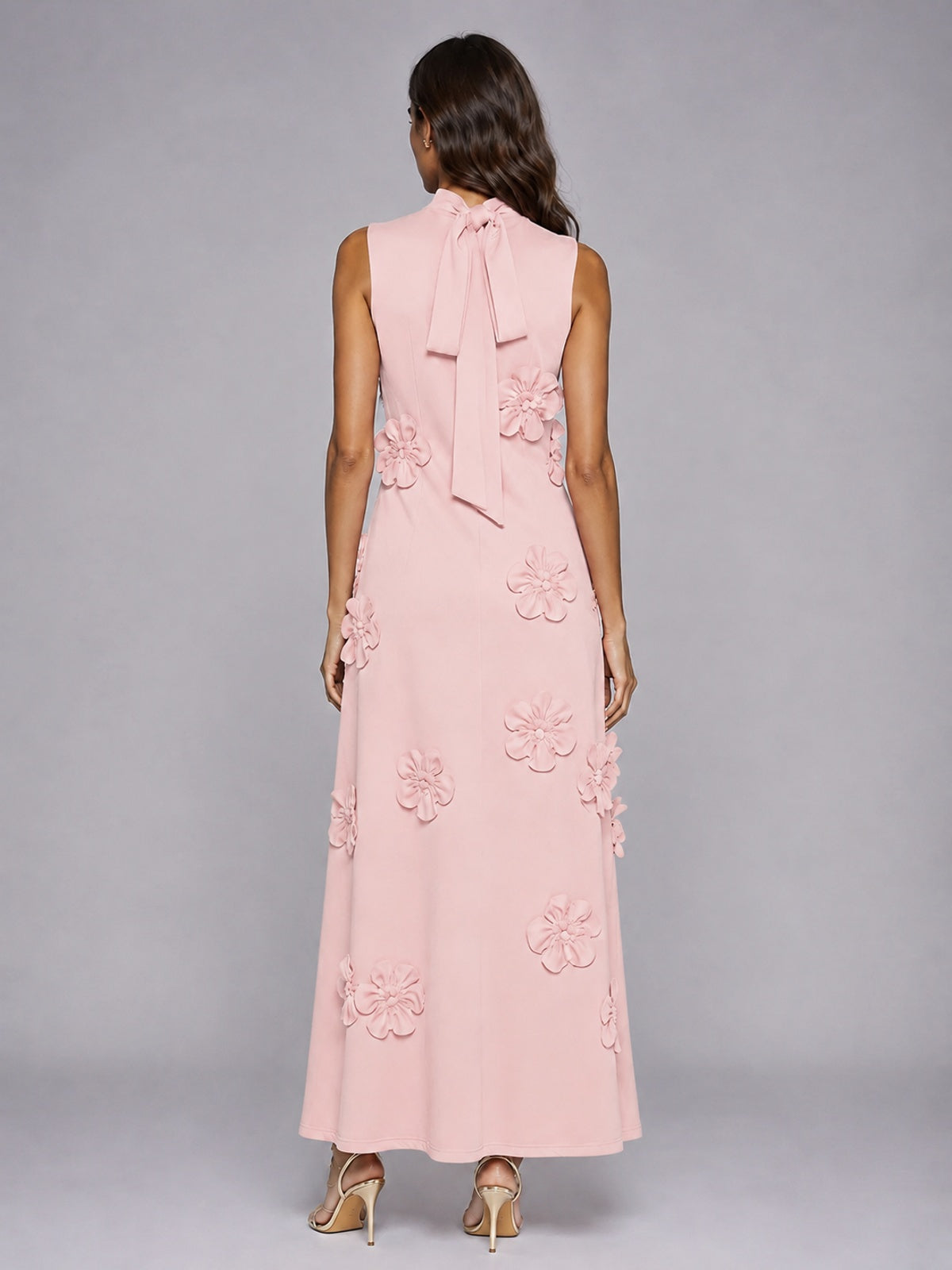3D Floral Applique High Neck Prom Maxi Dress