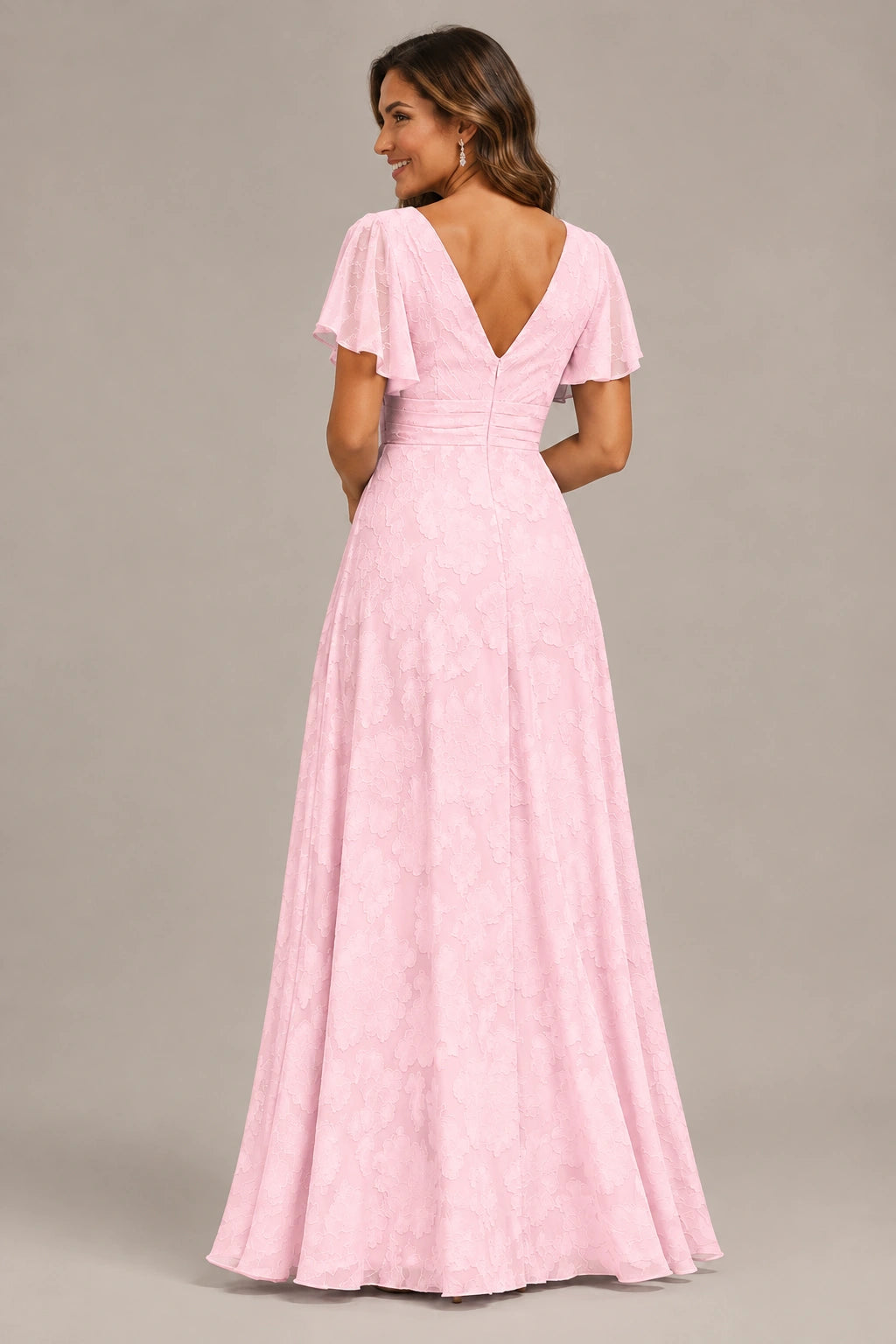 Jovellee Floral Chiffon A-Line Mother of the Bride Dress with Flutter Sleeves