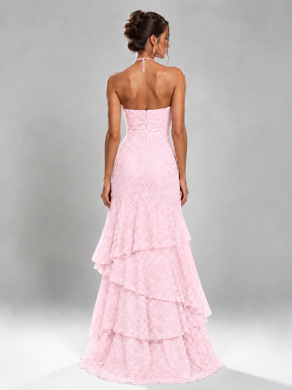 Halter Tiered Mermaid Prom Dress with Sparkly Lace