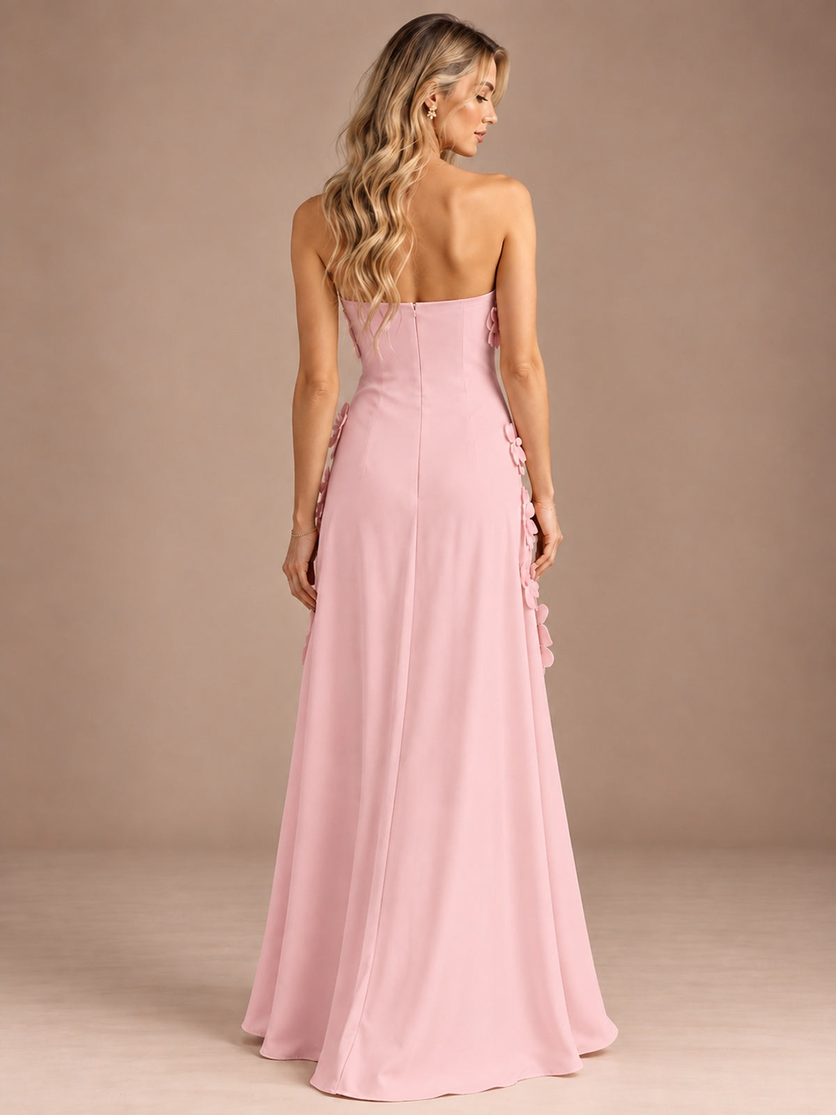 Yellow Strapless A-line Satin Maxi Dress with 3D Floral