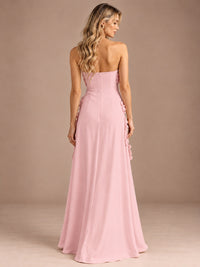 Yellow Strapless A-line Satin Maxi Dress with 3D Floral