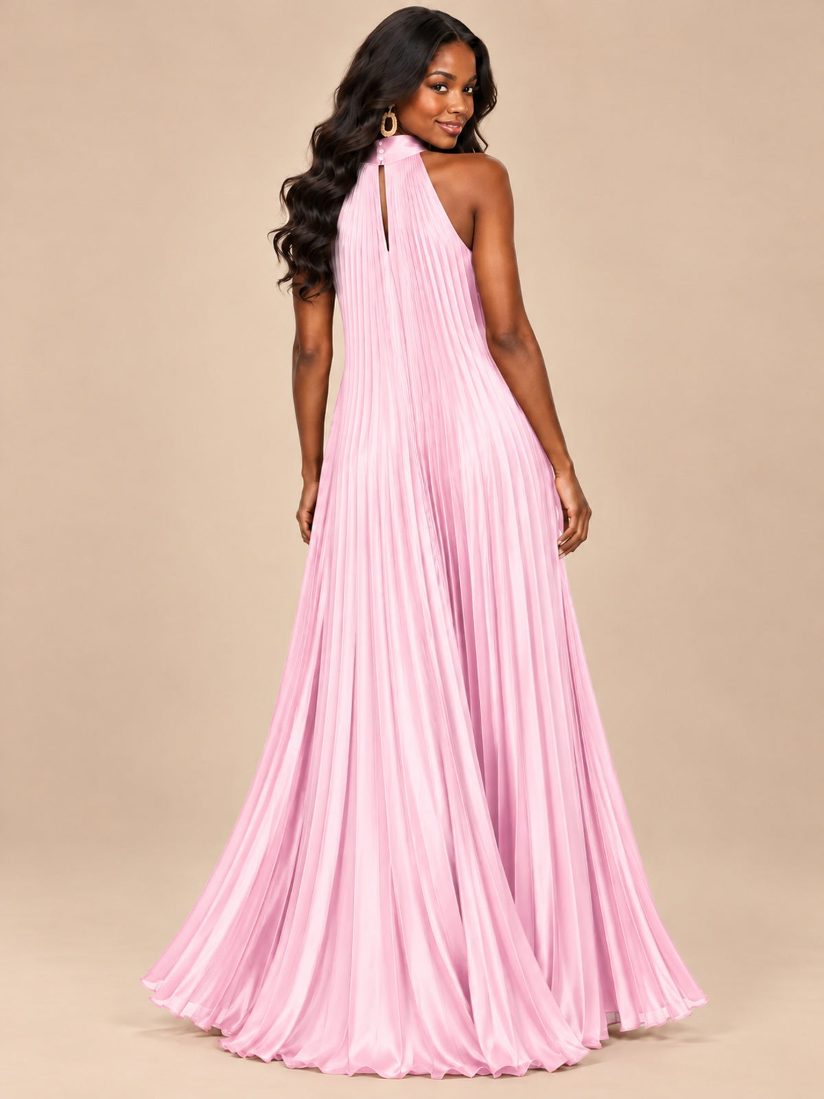 Rust Orange Pleated Halter Neck Maxi Dress