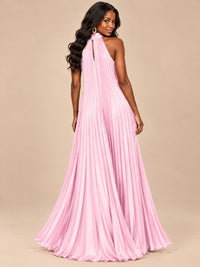 Rust Orange Pleated Halter Neck Maxi Dress