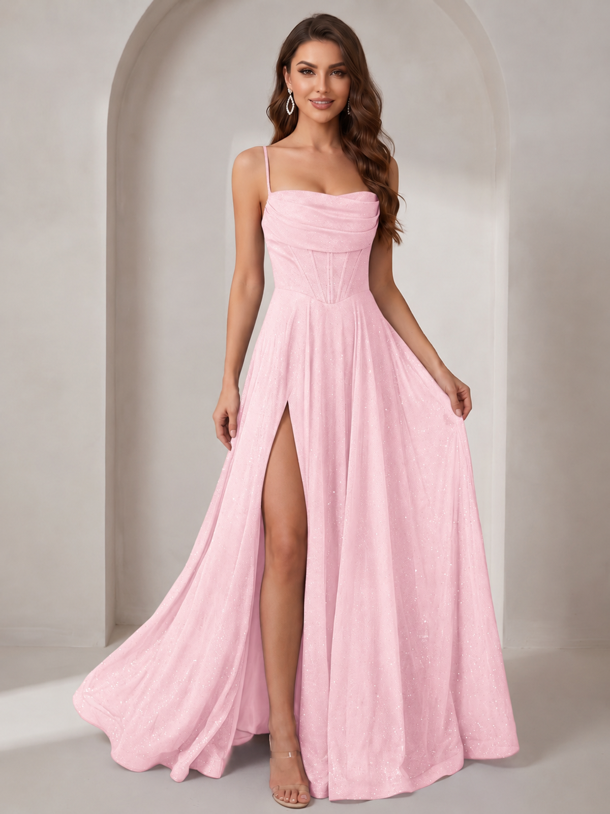 Sparkly Cowl Neck Corset Long Prom Dress with Slit A-line Tulle Ball Gown