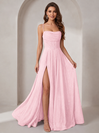 Sparkly Cowl Neck Corset Long Prom Dress with Slit A-line Tulle Ball Gown