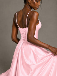 Lavender V Neck Satin Prom Dress with Spaghetti Straps