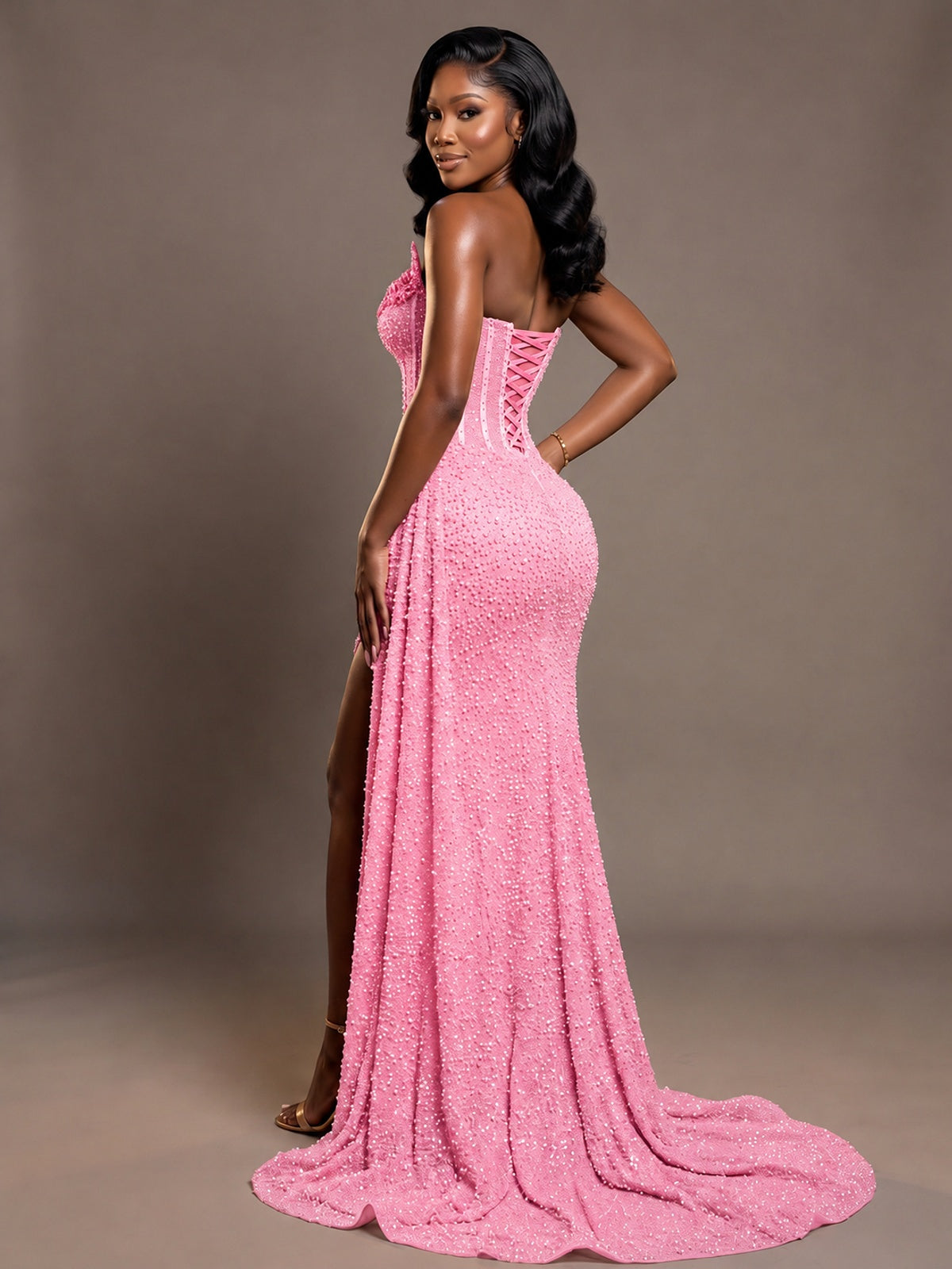 Luxury Strapless Sequin Corset Mermaid Prom Dress with High Slit & Train