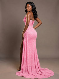 Luxury Strapless Sequin Corset Mermaid Prom Dress with High Slit & Train