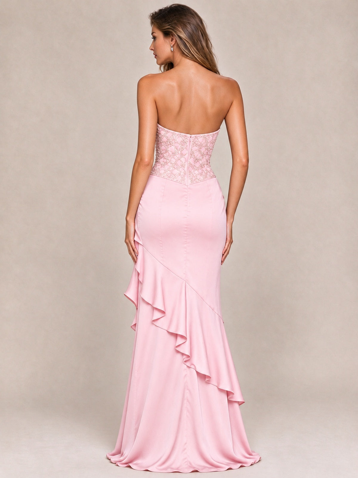 Strapless Lace Appliques Corset Satin Prom Dress Ruffle Slit Evening Gown