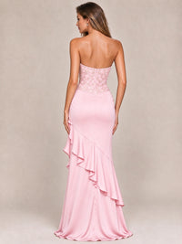 Strapless Lace Appliques Corset Satin Prom Dress Ruffle Slit Evening Gown