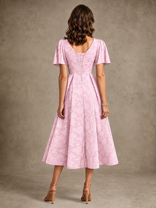 V-Neck Floral Jacquard Tea-Length Mother of the Bride Dress