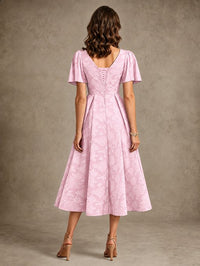V-Neck Floral Jacquard Tea-Length Mother of the Bride Dress