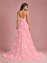 3D Floral Applique Strapless Tulle Prom Dress with High Slit