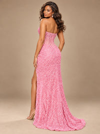 Gold Sequin Strapless Corset Prom Dress with High Slit