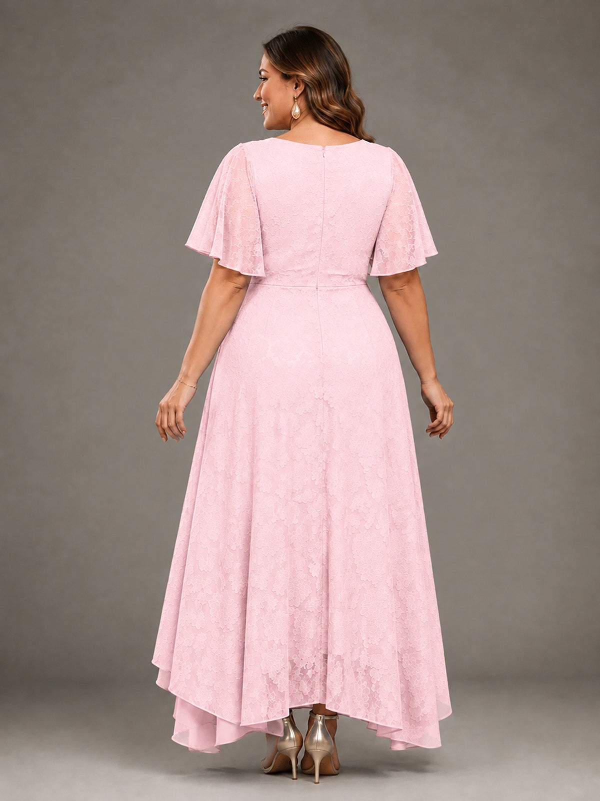 Jacquard Chiffon A-Line V-Neck High-Low Mother of the Bride Dress