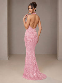 Gold Halter Sequin Mermaid Ruched Prom Dress Long Ruched Evening Gown