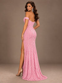 Off the Shoulder Corset Sequin Mermaid Prom Dress with Slit