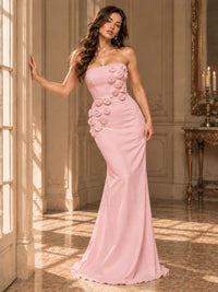 White Strapless Mermaid Maxi Dress with 3D Floral Appliques