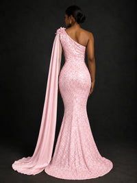 Gold Sequin One Shoulder Mermaid Prom Dress with Cape
