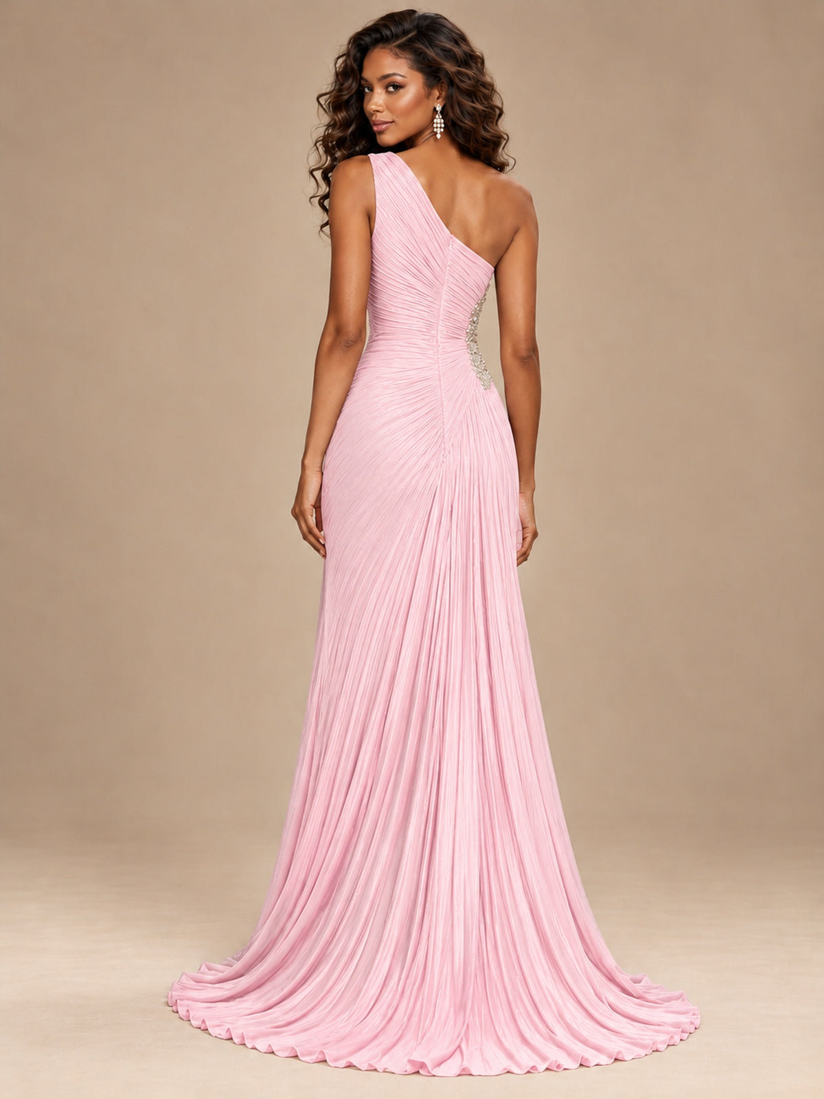 Burgundy One Shoulder Ruched Prom Dress with High Slit & Beaded Waist