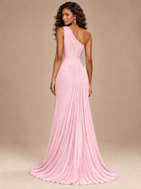 Burgundy One Shoulder Ruched Prom Dress with High Slit & Beaded Waist
