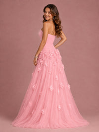 Blush Pink Strapless Sweetheart 3D Floral Tulle Ball Gown Prom Dres