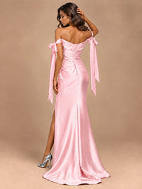 Off The Shuolder Satin Prom Dress Slit Mermaid Formal Gowns