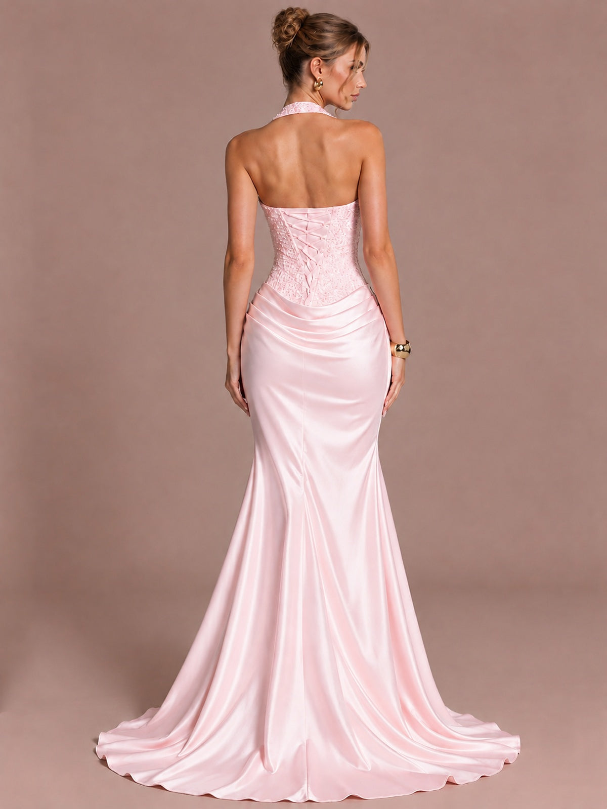 Sparkling Halter Corset Satin Mermaid Prom Dress