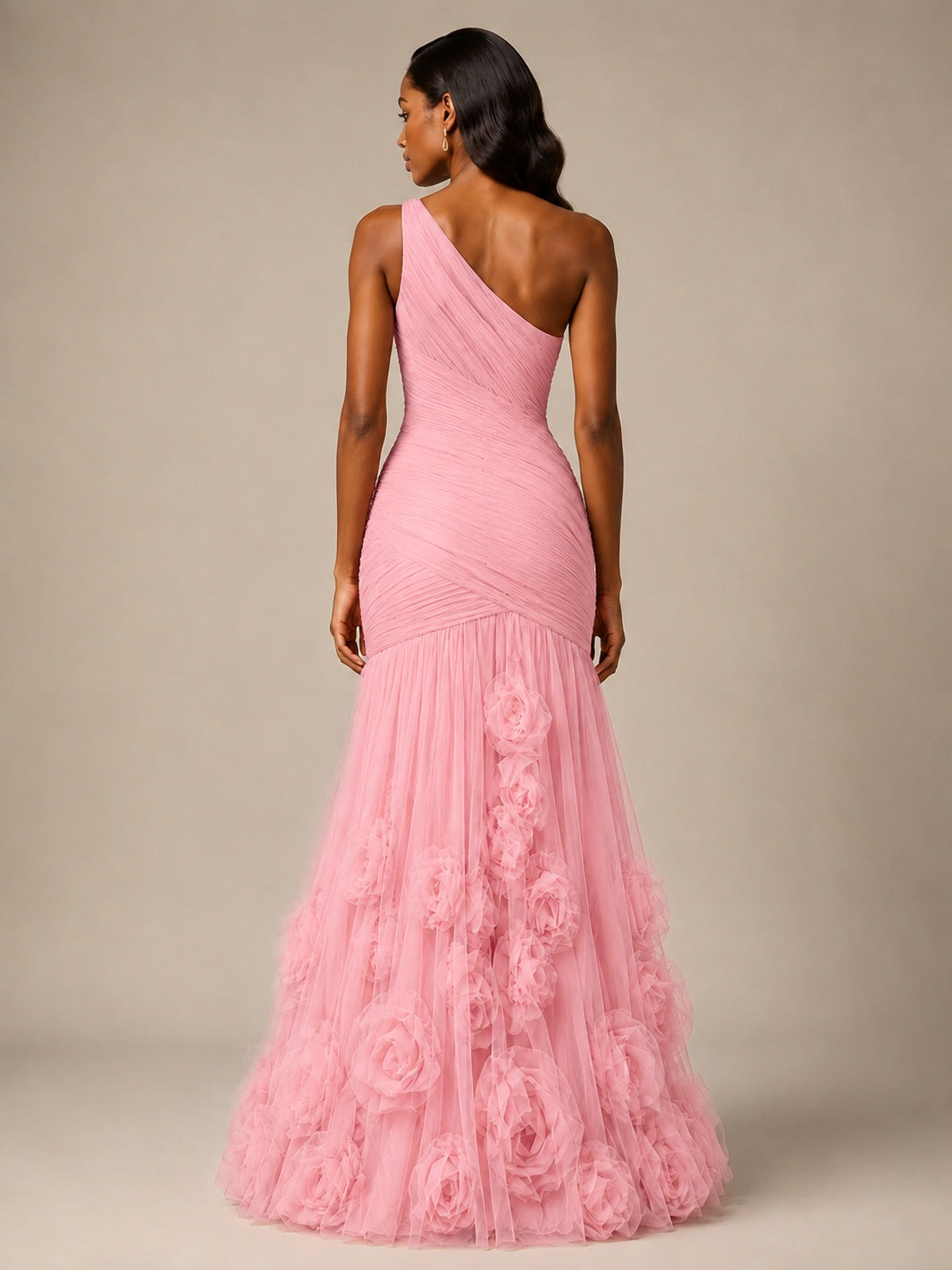 Blush Pink One Shoulder 3D Floral Mermaid Prom Dress