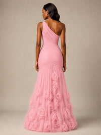 Blush Pink One Shoulder 3D Floral Mermaid Prom Dress