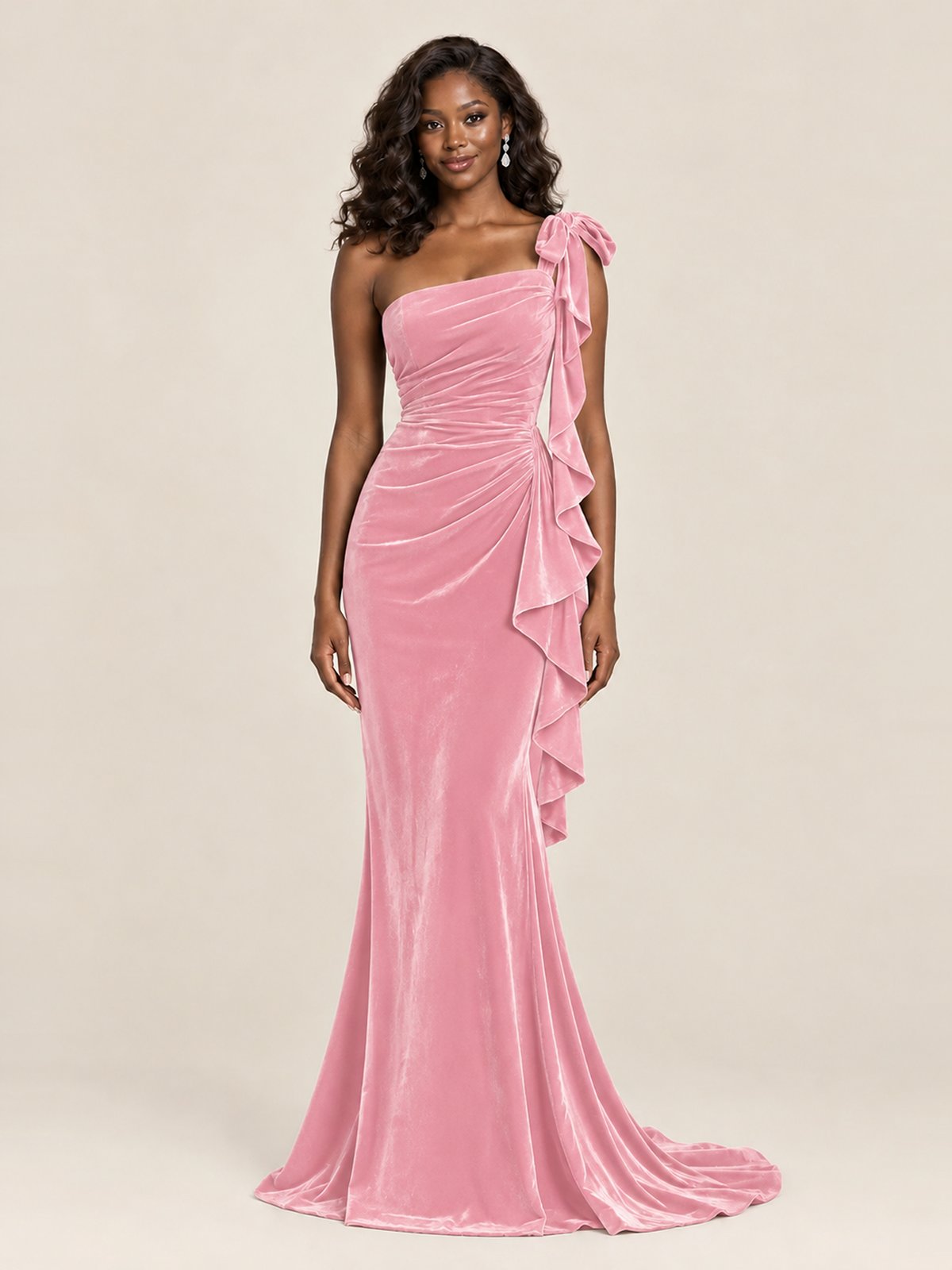 Black Velvet One-Shoulder Mermaid Evening Gown with Bow & Ruffles