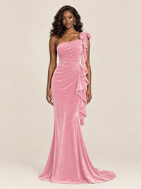 Black Velvet One-Shoulder Mermaid Evening Gown with Bow & Ruffles