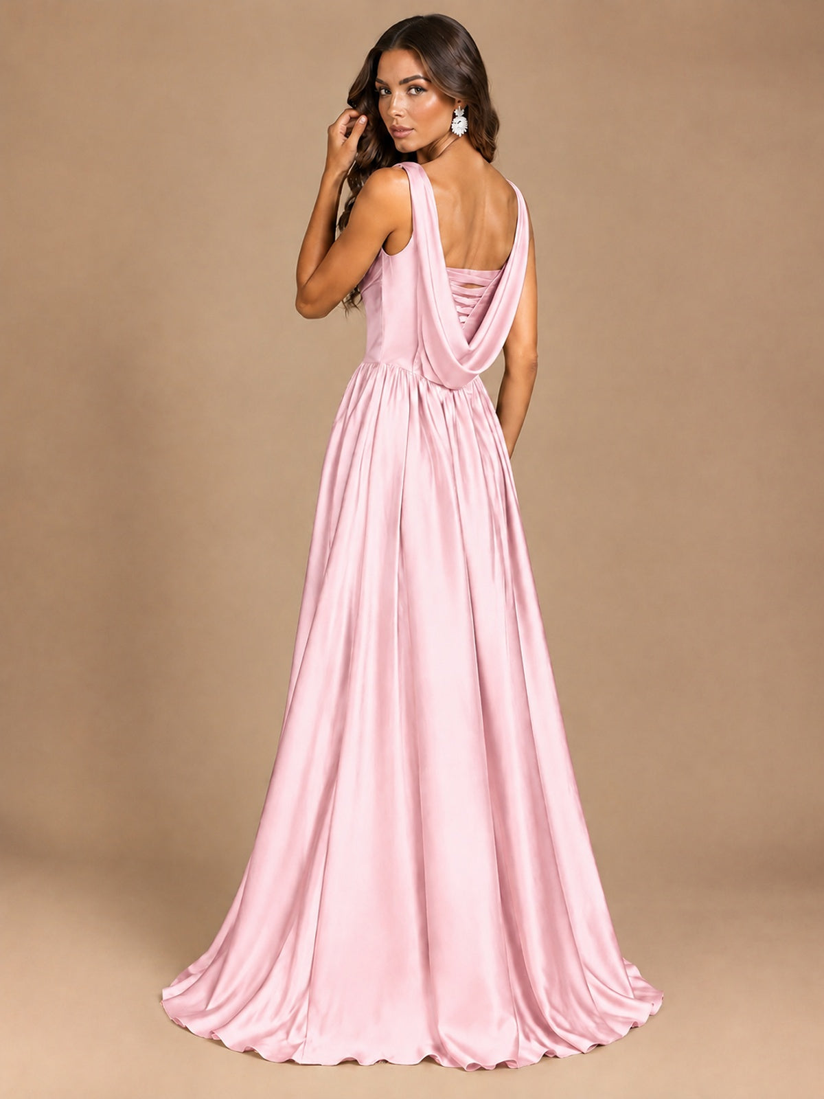 Cowl Neck Pleated Satin Prom Dress with Pockets & Slit Maxi Formal Gowns