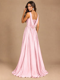 Cowl Neck Pleated Satin Prom Dress with Pockets & Slit Maxi Formal Gowns