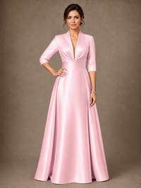 V-Neck Pleated Satin Mother of the Bride Gown with 3/4 Sleeves