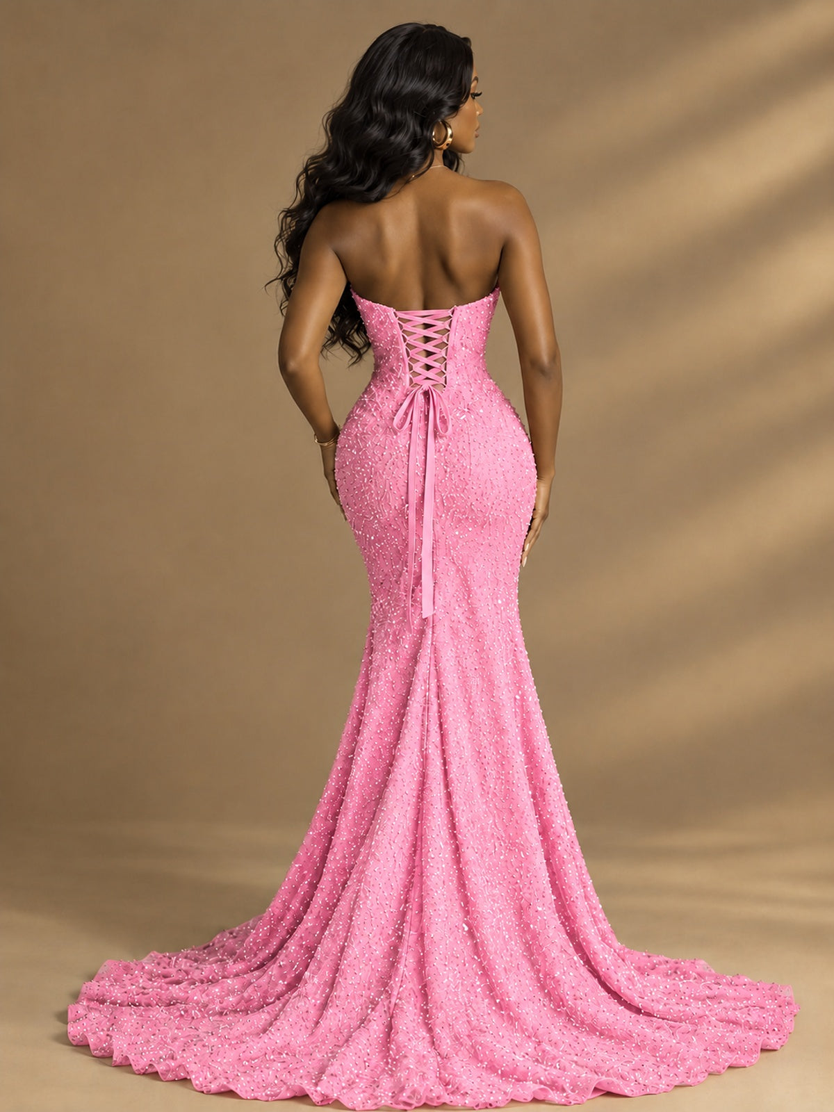 Beaded Sequin Prom Dress Strapless Formal Gowns with High Slit Train